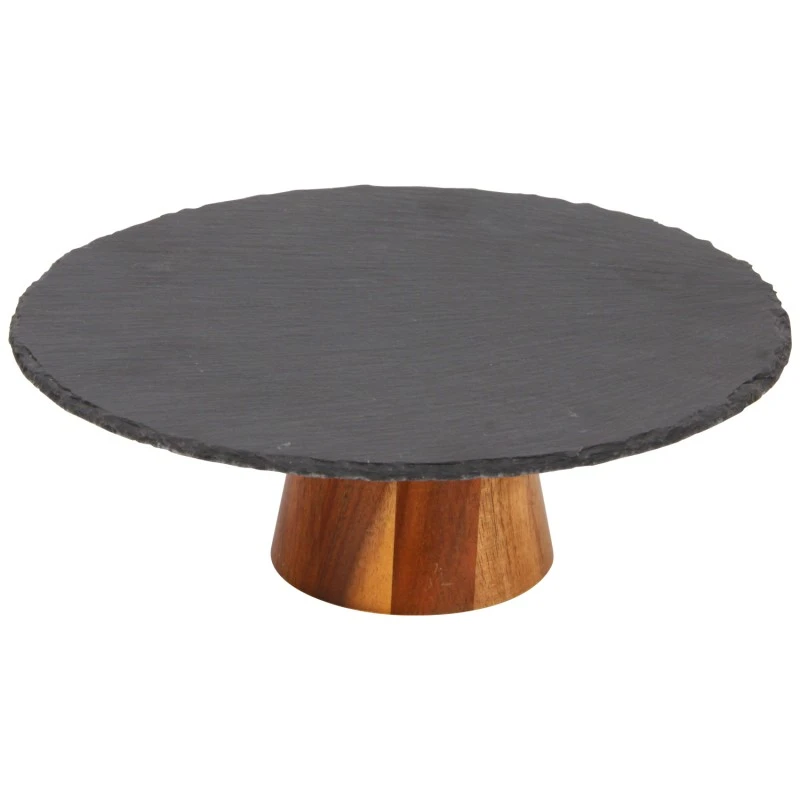 Soporte para pasteles de pizarra redondo de 1 nivel con base de madera de acacia, ensamblado