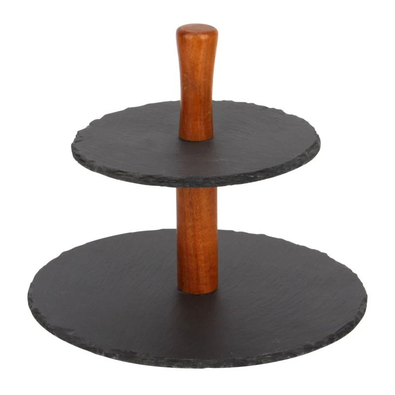 Soporte para pasteles redondo de pizarra de 2 niveles con soportes de acacia, borde &aacute;spero, sin ensa