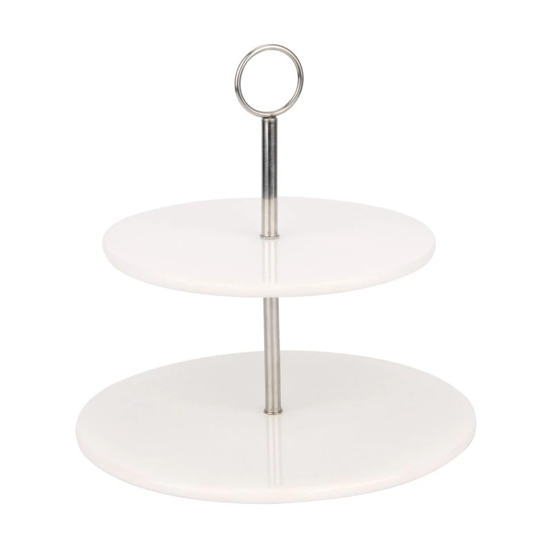 Soporte para pastel redondo de m&aacute;rmol blanco de 2 niveles con soportes de acero inoxidable plateado,