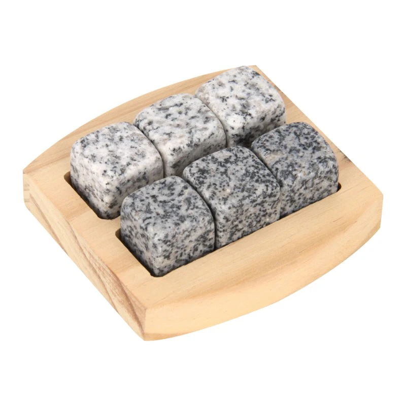 Juego de 6 piedras cuadradas para whisky de granito con base de madera de pino