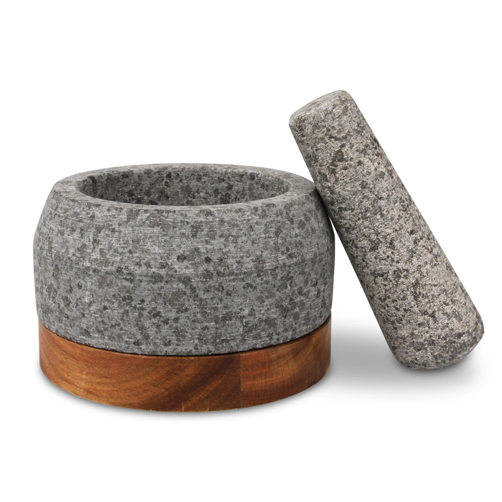 Mortero y mano de granito de superficie mate con soporte de acacia 14x9,5