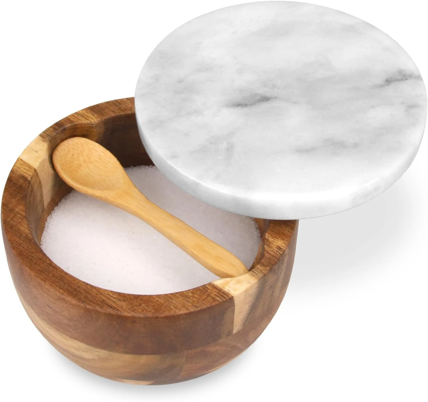 Salero de madera de acacia con tapa de m&aacute;rmol gris blanco y cuchara de madera