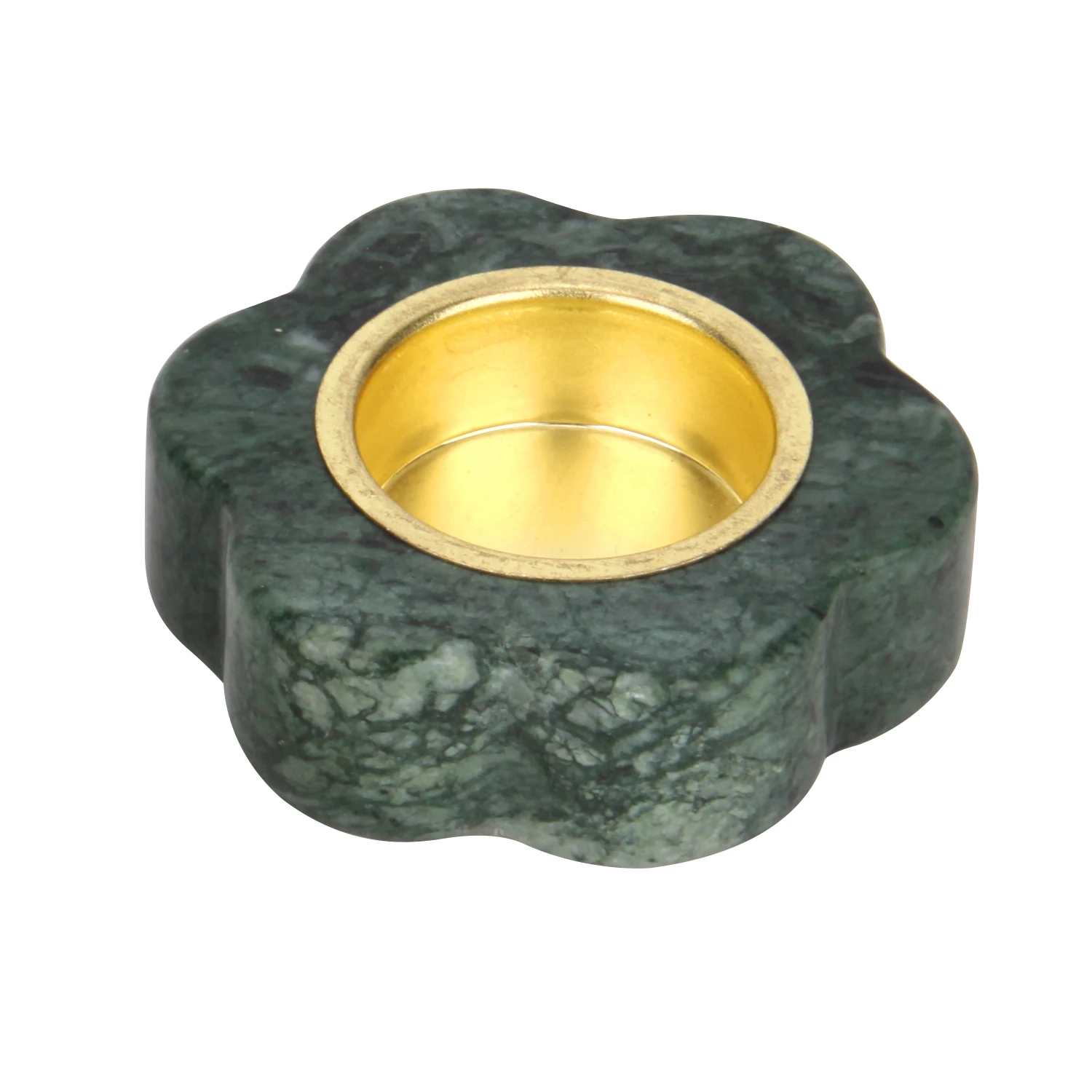 Candelabro de flores de m&aacute;rmol verde con soporte de metal dorado