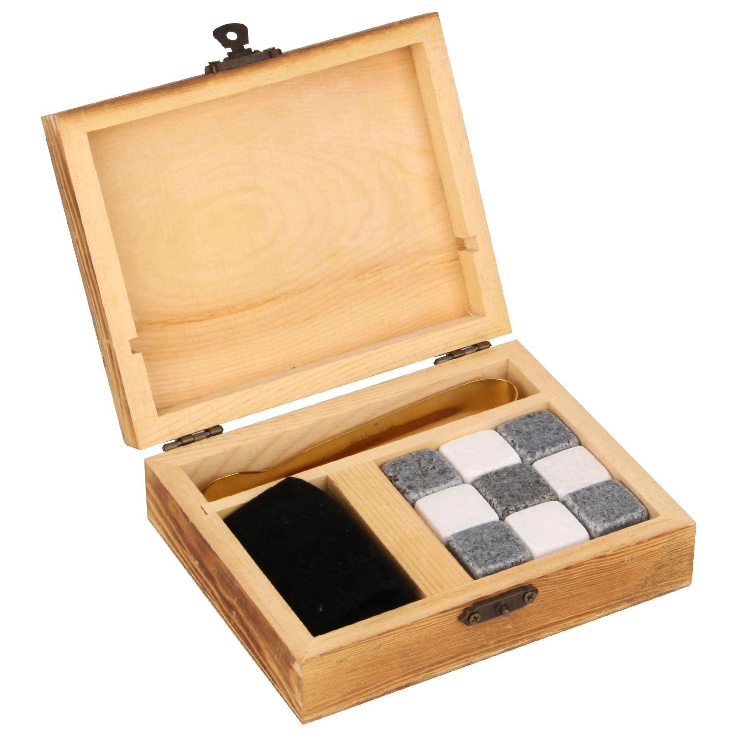 Juego de 9 piedras cuadradas de basalto para whisky con 1 bolsa de terciopelo y 1 clip para hielo y