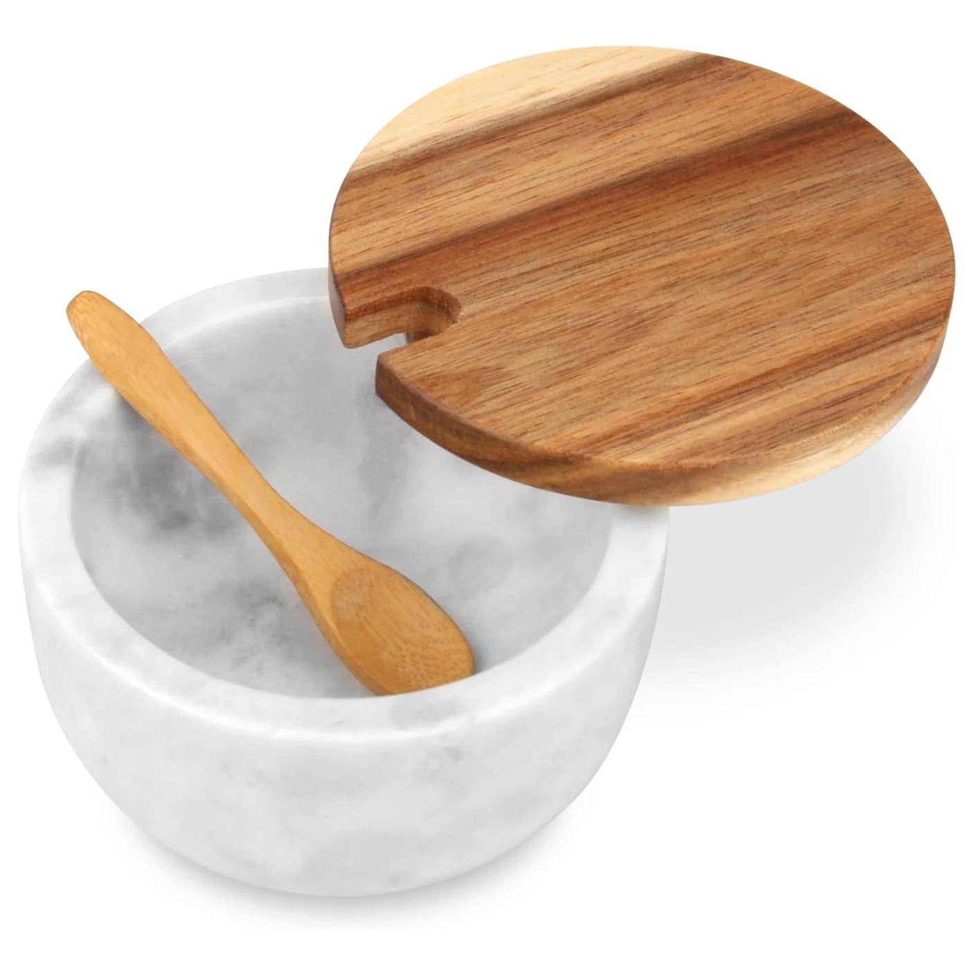Salero de m&aacute;rmol gris blanco con tapa y cuchara de madera