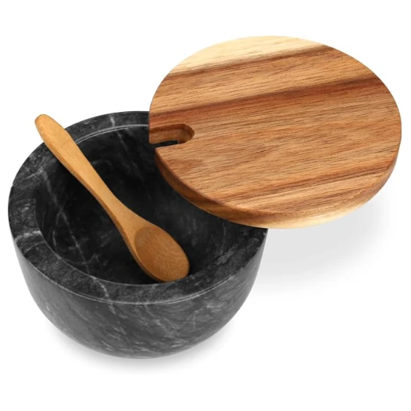 Salero de m&aacute;rmol gris oscuro con tapa y cuchara de madera