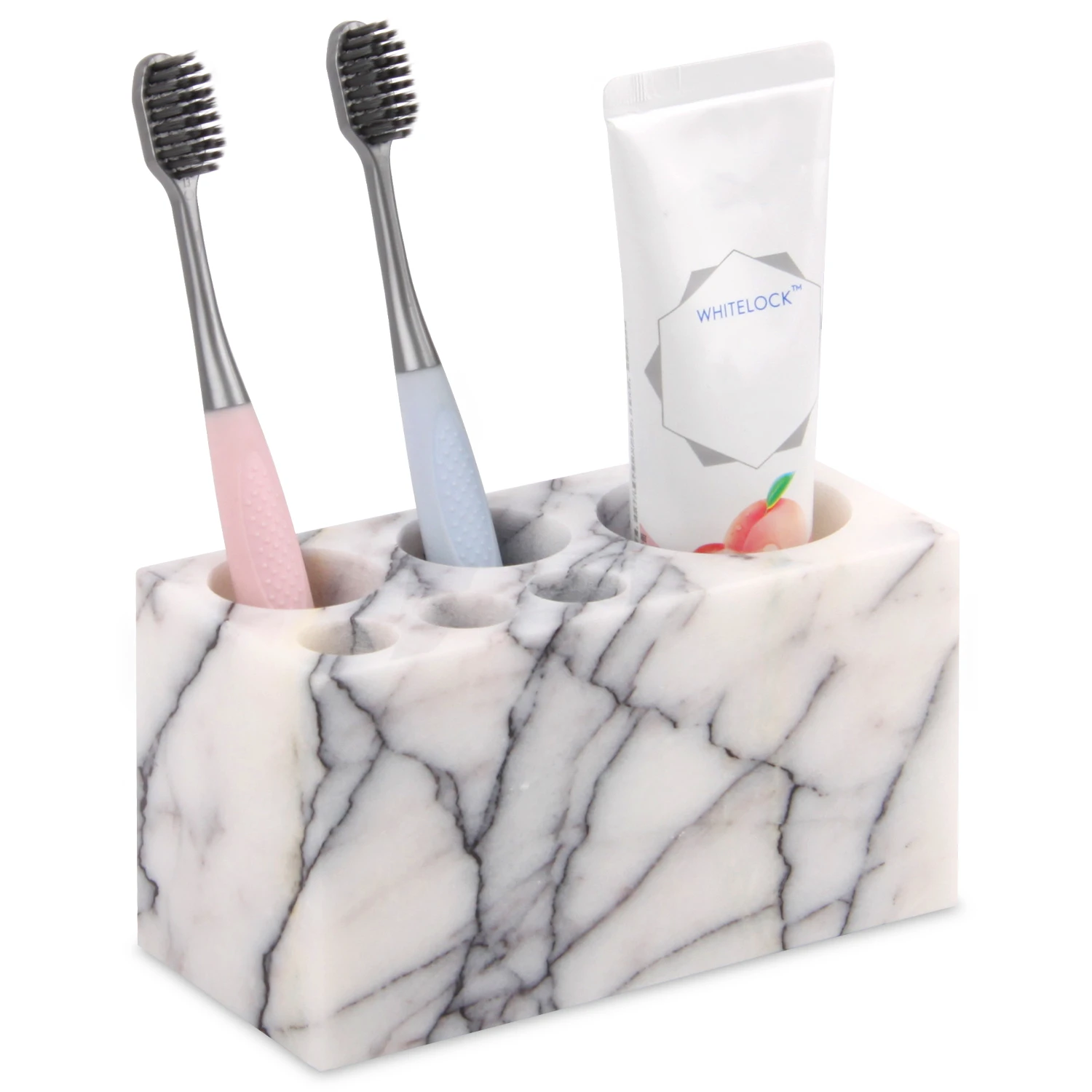 Soporte para cepillos de dientes de m&aacute;rmol natural con 6 ranuras, encimera organizadora de ba&ntilde;o gran