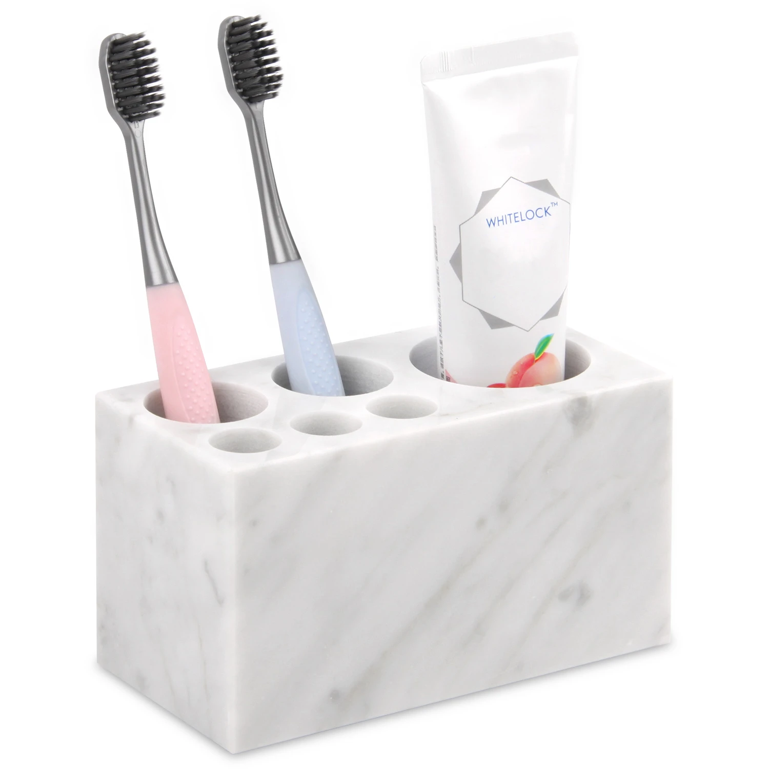 Soporte para cepillos de dientes de m&aacute;rmol natural con 6 ranuras, encimera organizadora de ba&ntilde;o gran