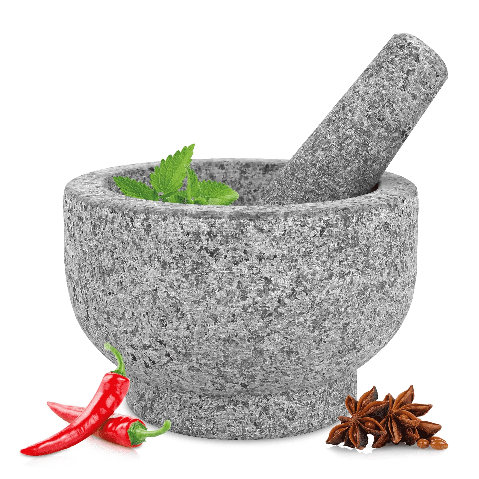 Juego de mortero y maja de piedra de granito natural para especias, molinillo de guacamole sin pulir