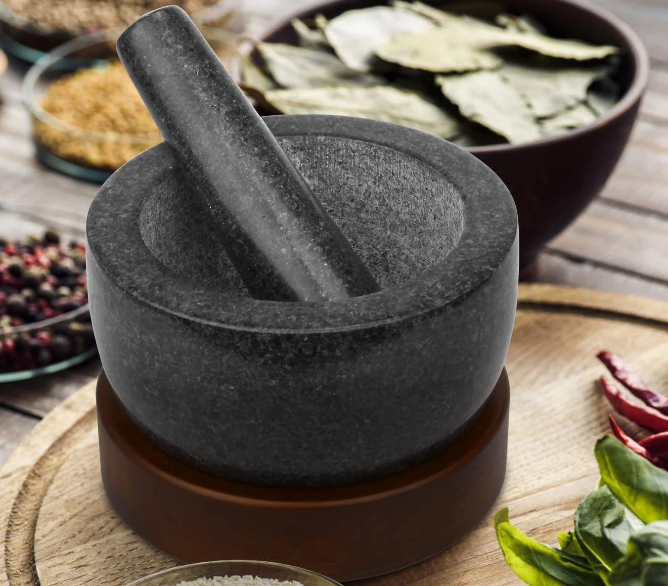 Mortero y maja 100 % de granito con base de madera de roble, negro pulido, ecol&oacute;gico para especias d