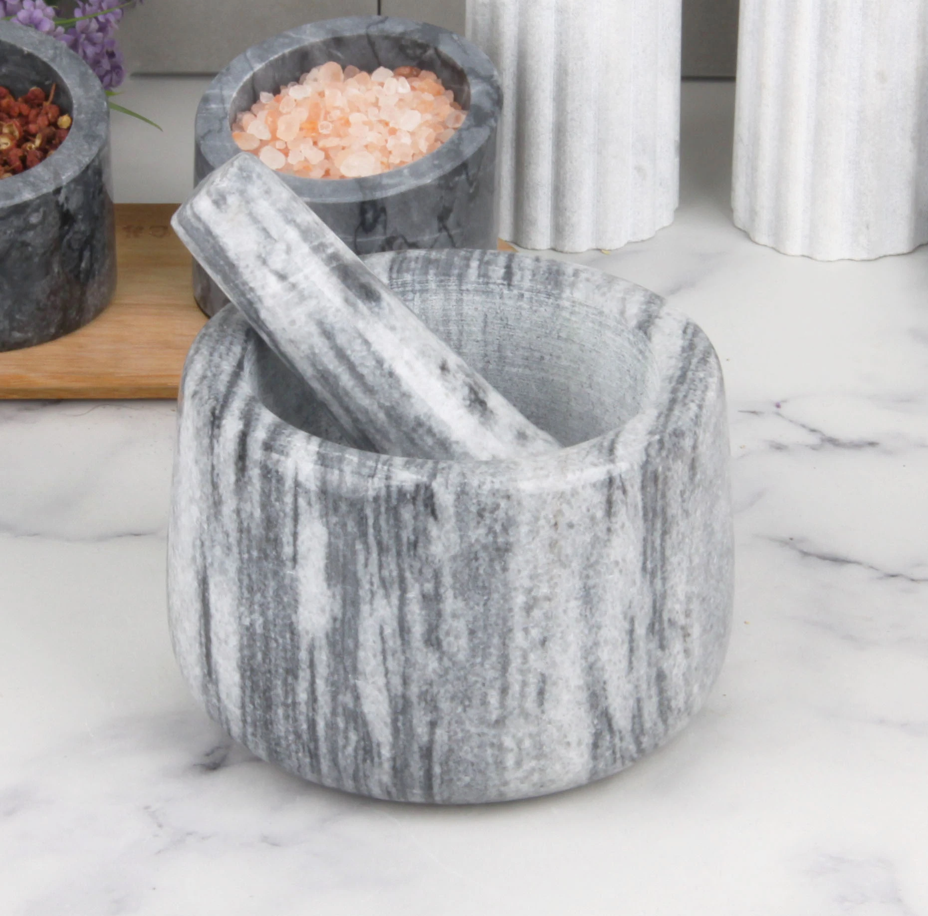 Juego de mortero y maja de m&aacute;rmol natural: cuenco para moler cocina, venta al por mayor de f&aacute;brica